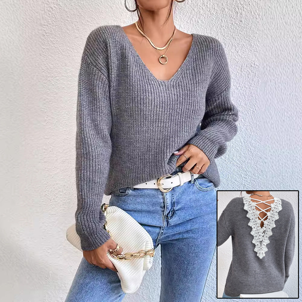 VibeKnit V-Neck Backless Sweater