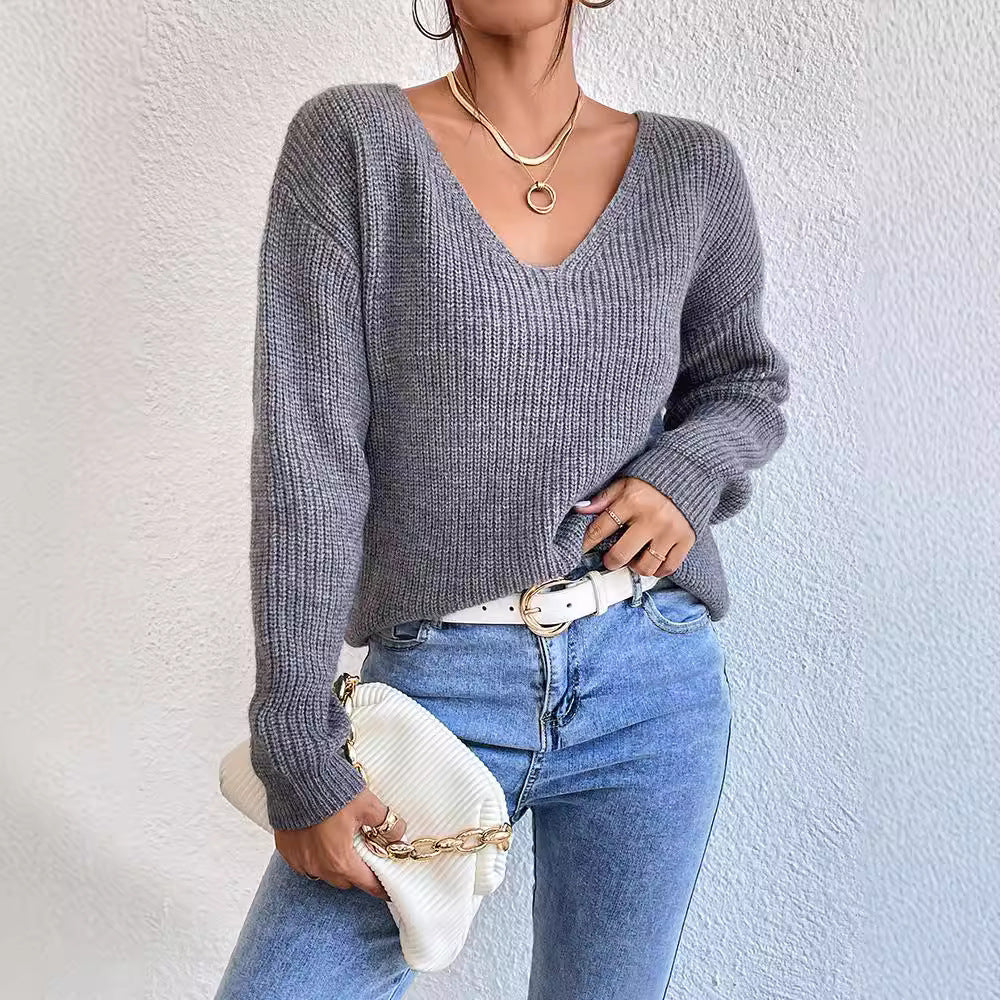 VibeKnit V-Neck Backless Sweater